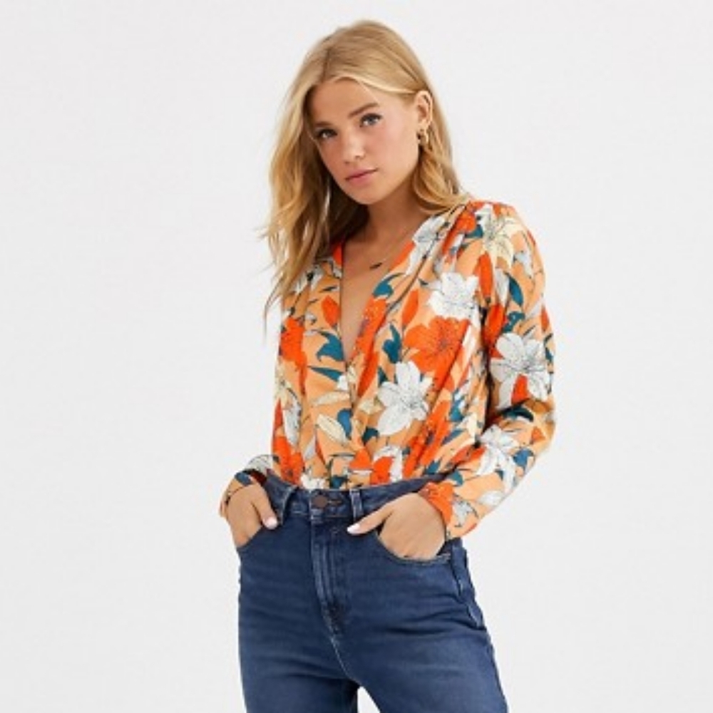 Asos Floral Wrap Top Long-Sleeve Bodysuit
